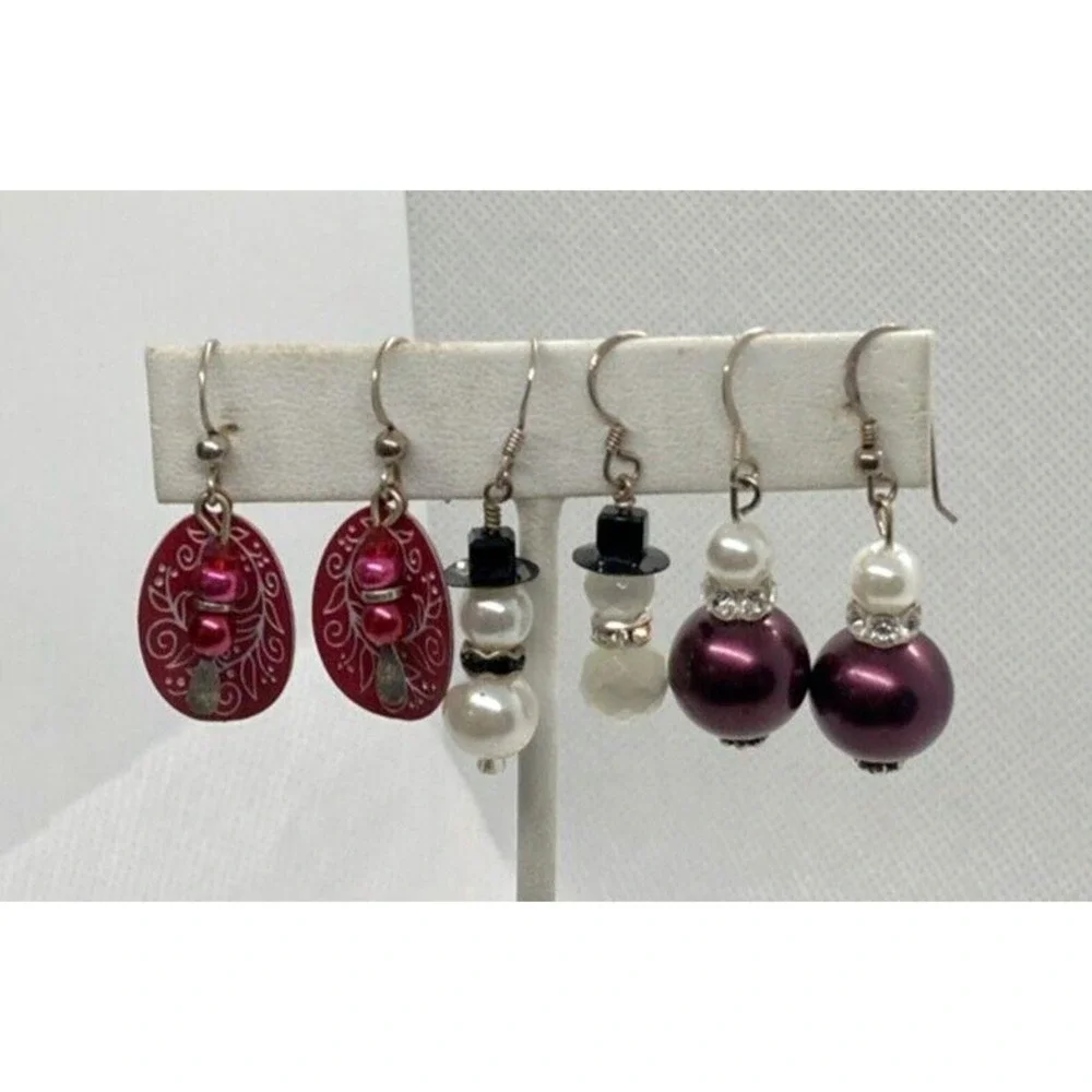 Vintage‎ Lot of 3 Beaded Dangle Earrings Sterling 925 Silver 11g Snowman Purple